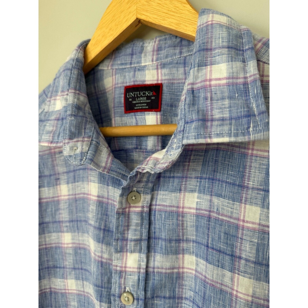 UNTUCKit Berardo WR Linen Shirt Plaid Button Up Long Sleeve Casual Mens Large